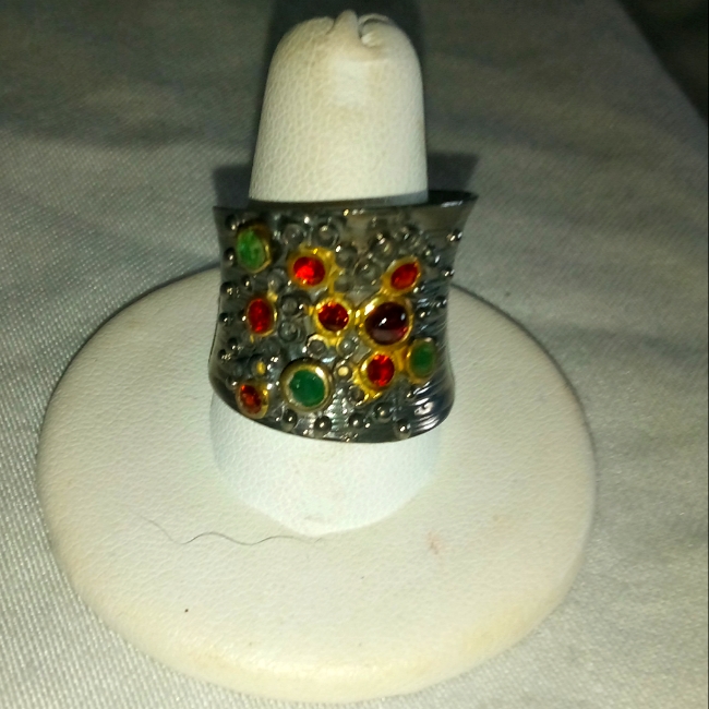 Custom Made Natural Gem Encrusted Fine Silver Band Size 75